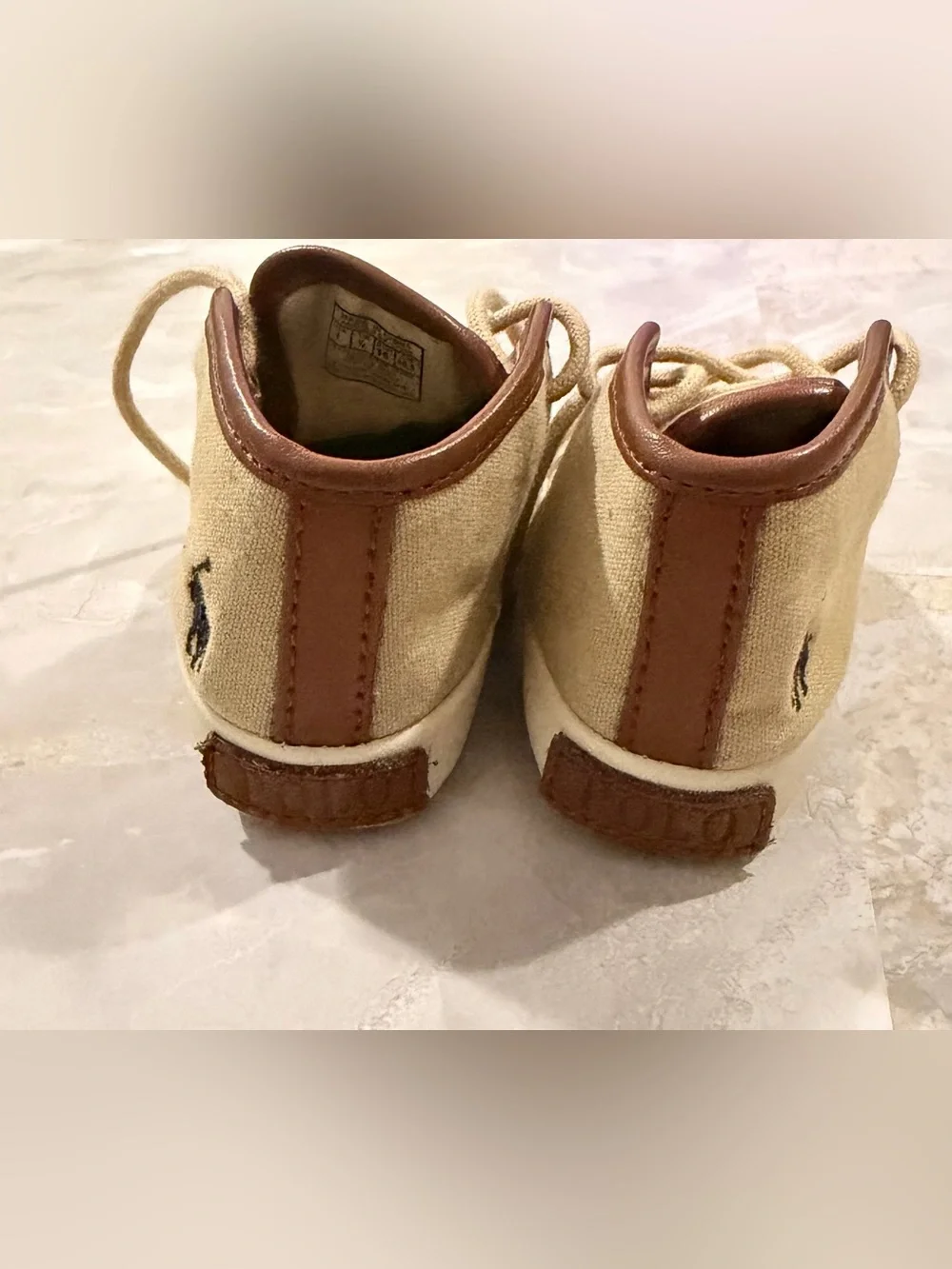 Polo by Ralph Lauren Beige Canvas Baby Walker Shoes with Brown Trim